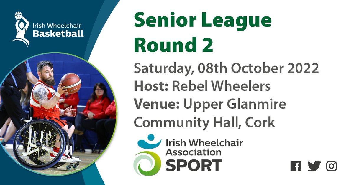 🏀 WHEELCHAIR BASKETBALL SENIOR LEAGUE 🏀 Another busy weekend of Basketball action in our Senior League! Round 2 is hosted by Rebel Wheelers at Upper Glanmire Community Hall this Saturday! #RollWithUs @sportireland @BballIrl