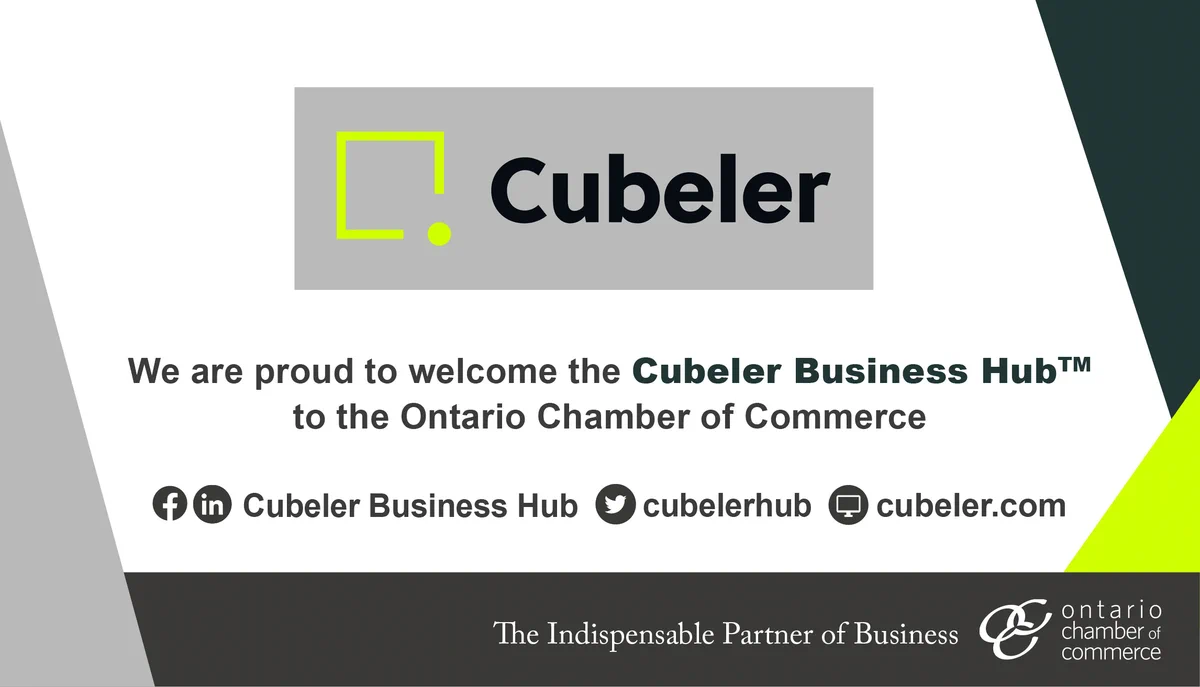We are proud to welcome the Cubeler Business Hub to the Ontario Chamber of Commerce. . Cubeler's logo above social handles for Facebook, LinkedIn, Twitter and website. The Indispensable Partner of Business. OCC logo. 