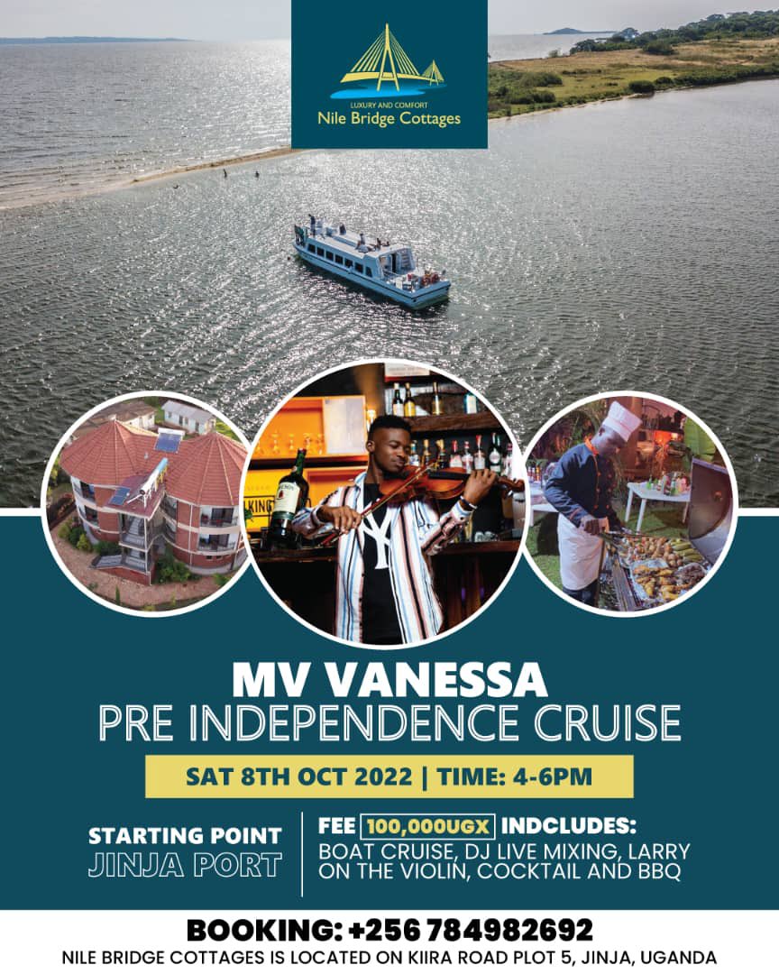 Invest in memories this independence weekend while in Jinja city on MV VANESSA  , pass by my DM and book a slot for yourself and your squad @UotJinja <a href="/HipposRugby/">Jinja Hippos Rugby Club</a> <a href="/hipposfans/">𝗛𝗶𝗽𝗽𝗼𝘀 𝗙𝗮𝗻𝘀 𝗖𝗹𝘂𝗯</a> <a href="/baronedgar/"></a> <a href="/NileSpecial/">Nile Special</a>