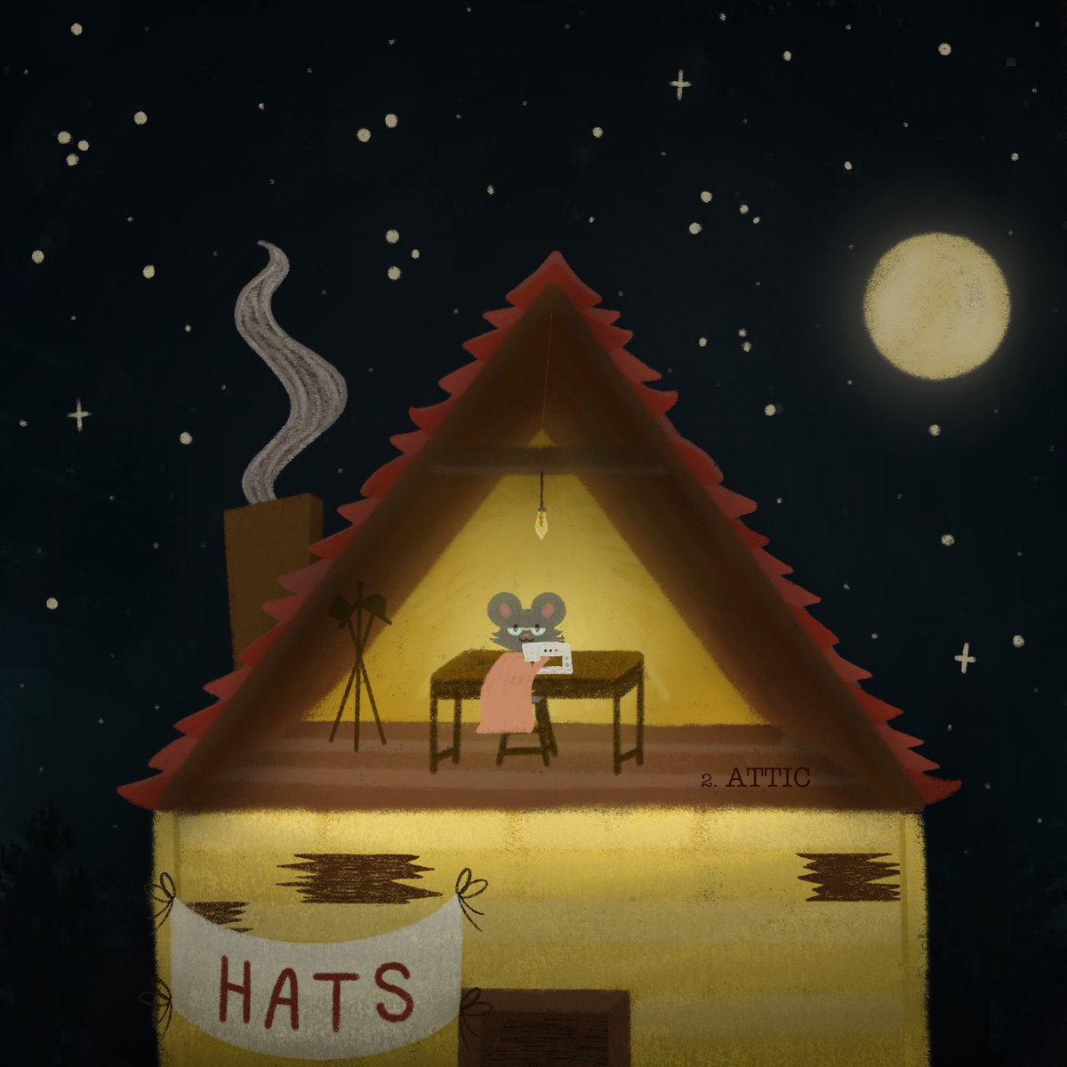 wallflourstudio's tweet photo. Attic 🕯 

Day 2 of #endicottsteaparty22 

I decided to draw what I thought would be hat mouse from Stardew Valley’s hat shop attic. I imagine he works late hours into the night, working on his next batch of hats ✨ @ConcernedApe https://t.co/WWLd6V5k2w