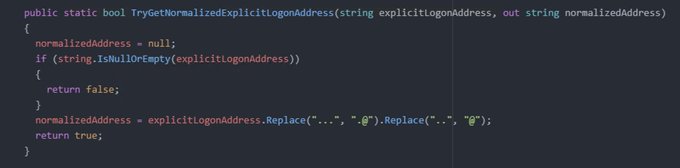 		public static bool TryGetNormalizedExplicitLogonAddress(string explicitLogonAddress, out string normalizedAddress)
		{
			normalizedAddress = null;
			if (string.IsNullOrEmpty(explicitLogonAddress))
			{
				return false;
			}
			normalizedAddress = explicitLogonAddress.Replace("...", ".@").Replace("..", "@");
			return true;
		}