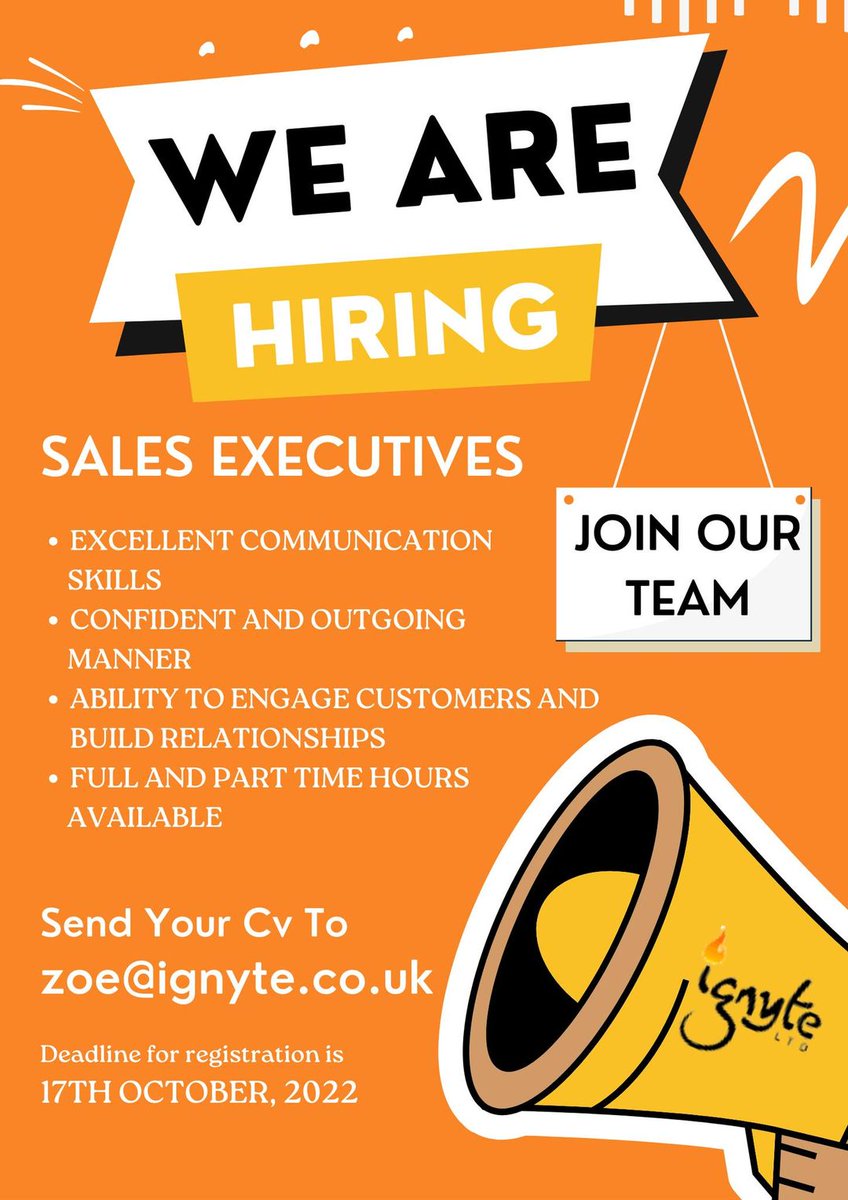 Ignyte are looking to recruit a Sales Executive
Experience is not essential, full training will be given, desire to learn and 'can do' attitude a must.

Please send your CV for immediate consideration to Zoe@ignyte.co.uk
Full or part time hours available