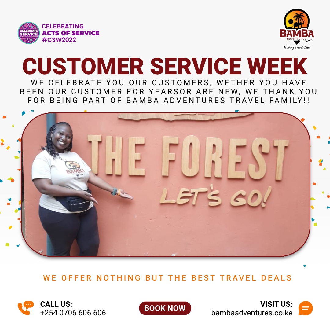 adventuresbamba's tweet photo. As we continue to celebrate Customers Service Week, We take this opportunity to thank you all for choosing Bamba Adventures as your Travel Planner!!
We commit to continue giving you a delightful experience always!!
#Travel #Tourlife #tourism #tourist #bambaadventures #TembeaKe https://t.co/6MvRRjt1Vi