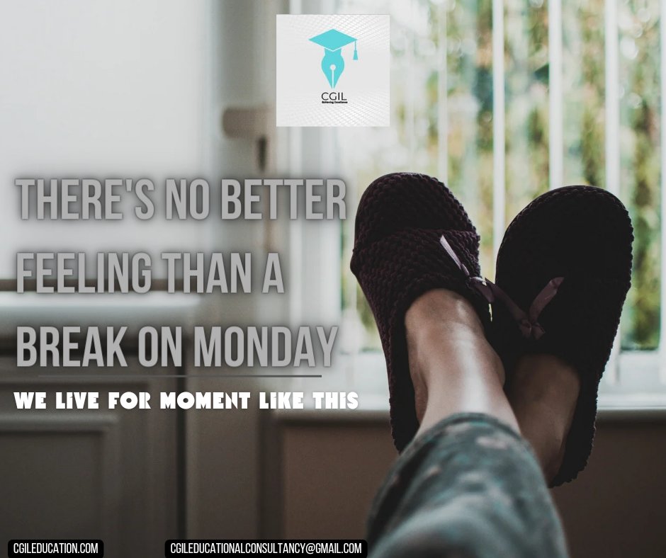 CgilConsultancy's tweet photo. There's no better feeling than taking a Break on Monday. Nothing beats that. 
We hope the rest of the week is as bright as today.

Contact us: cgileducationalconsultancy@gmail.com.
Check us out: https://t.co/hHK0AKkDWz

#monday #mondaymotivation #cgil #cgileducation https://t.co/uuOFKCbe4R