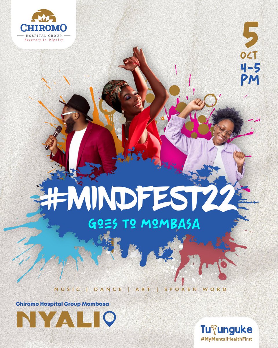 #MINDFEST22 goes to Mombasa this time and we'll be doing it a little earlier

Join us on the 5th of October at our CHG, Nyali Branch for a Mental Health Festival to honor #WorldMentalHealthDay (10 Oct)

Make mental health for all a global priority.

#Tufunguke