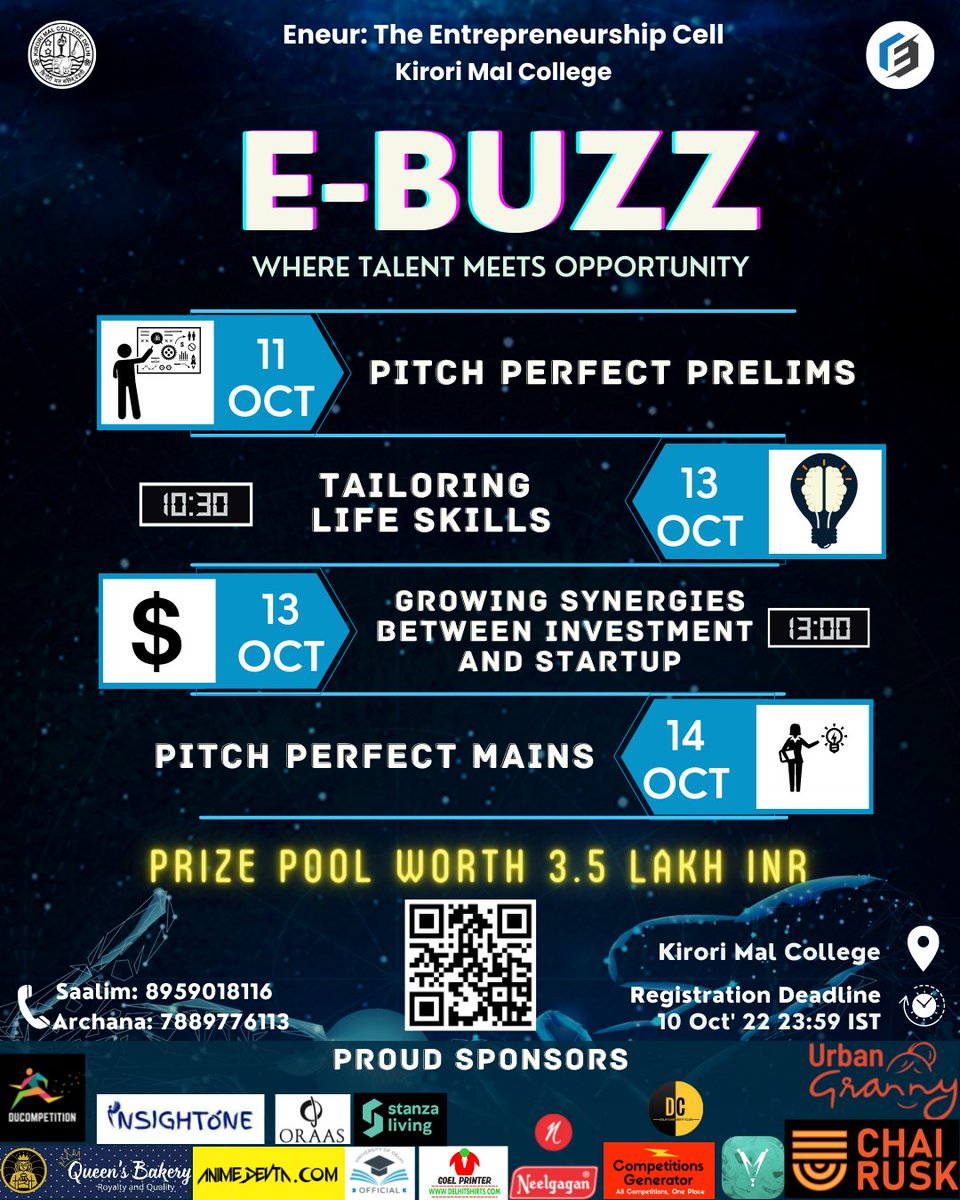 kmc_eneur's tweet photo. Why not cap off this year, which is about to come to an end, with an unforgettable experience!
Yes, you got it right. It's "E-Buzz Where Talent Meets Opportunity," a series of events by Eneur: The Entrepreneurship Cell, Kirori Mal College, from Oct. 11th, 2022, to Oct. 14th, 2022 https://t.co/Ukw7urcpGB