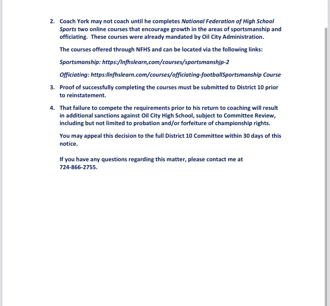 BobGreenburg's tweet photo. BREAKING:
District 10 punishes Oil City Coach Dan York for his public comments critical of officials.
He is publicly censured and may not coach until he completes NFHS classes. 
Complete details in this release: https://t.co/rP5zQU0CwO