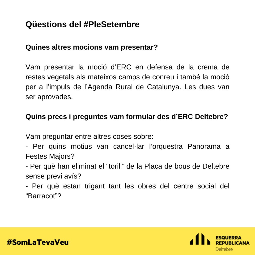 ERC_MesDeltebre's tweet photo. 👋 Bon dia #dilluns !
🟡 Aquí us deixem les qüestions mes rellevants del #Plesetembre
Llisca per veure-les ➡
⬇ 𝗦𝗲𝗴𝘂𝗲𝗶𝘅 𝗲𝗹 𝗻𝗼𝘀𝘁𝗿𝗲 𝗰𝗮𝗻𝗮𝗹 𝗱𝗲 𝗧𝗲𝗹𝗲𝗴𝗿𝗮𝗺
📲 https://t.co/bABFsyoNyE
#SomLaTevaVeu https://t.co/dqkcRj6pIl