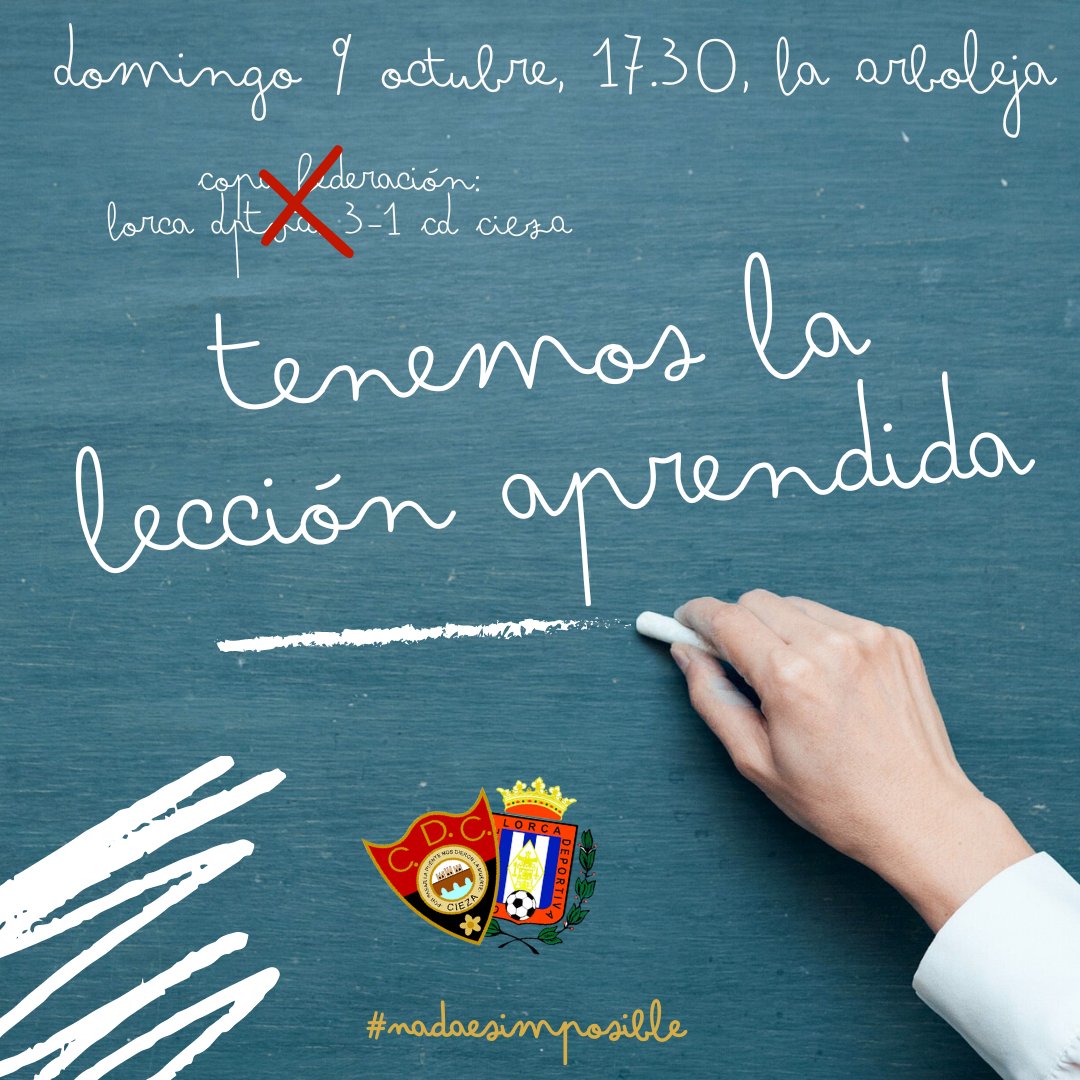 JORNADA 5️⃣ | 🔴⚫️

𝕋𝕖𝕟𝕖𝕞𝕠𝕤 𝕝𝕒 𝕝𝕖𝕔𝕔𝕚ó𝕟 𝕒𝕡𝕣𝕖𝕟𝕕𝕚𝕕𝕒

🆚️ <a href="/lorcadeportiva/">Lorca Deportiva</a> / Domingo 9/10 / 17:30

GENERAL: 7€ 
ABONADOS: Gratis

#CDCiezaLorcaDeportiva
#NadaEsImposible