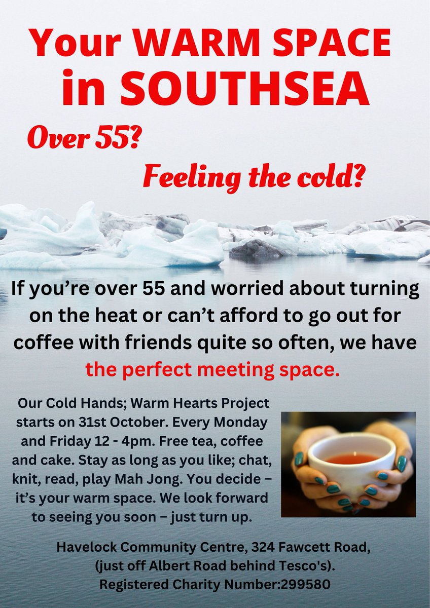 Starting on Monday 31st October. Come and join us at Havelock Community Centre - free tea, coffee and cake in our warm, friendly Garden Room.