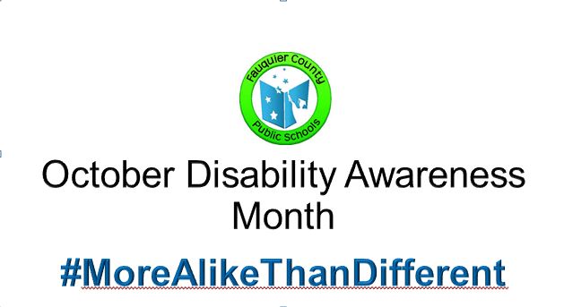 FauquierSEAC's tweet photo. It's here! October is @FCPS1News
Disability Awareness Month!!   😊
#MoreAlikeThanDifferent #FCPS1KidsDeserveIt https://t.co/OFhLcGOpV3