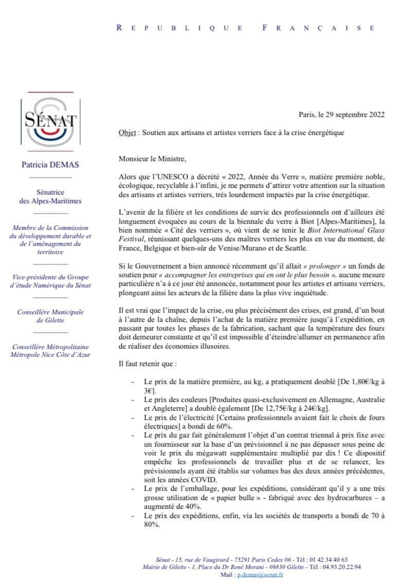 demas_patricia's tweet photo. #criseénergétique
À #biot il y a qq jours pour le BIG Festival, j’ai pu mesurer l’excellence du savoir-faire des maîtres #verriers. Ds un contexte fragilisé par la hausse sensible du coût des matières premières ET de l’énergie, j’ai demandé au gouvernement un #plan de #secours ⤵️ https://t.co/m5eFe5Bper