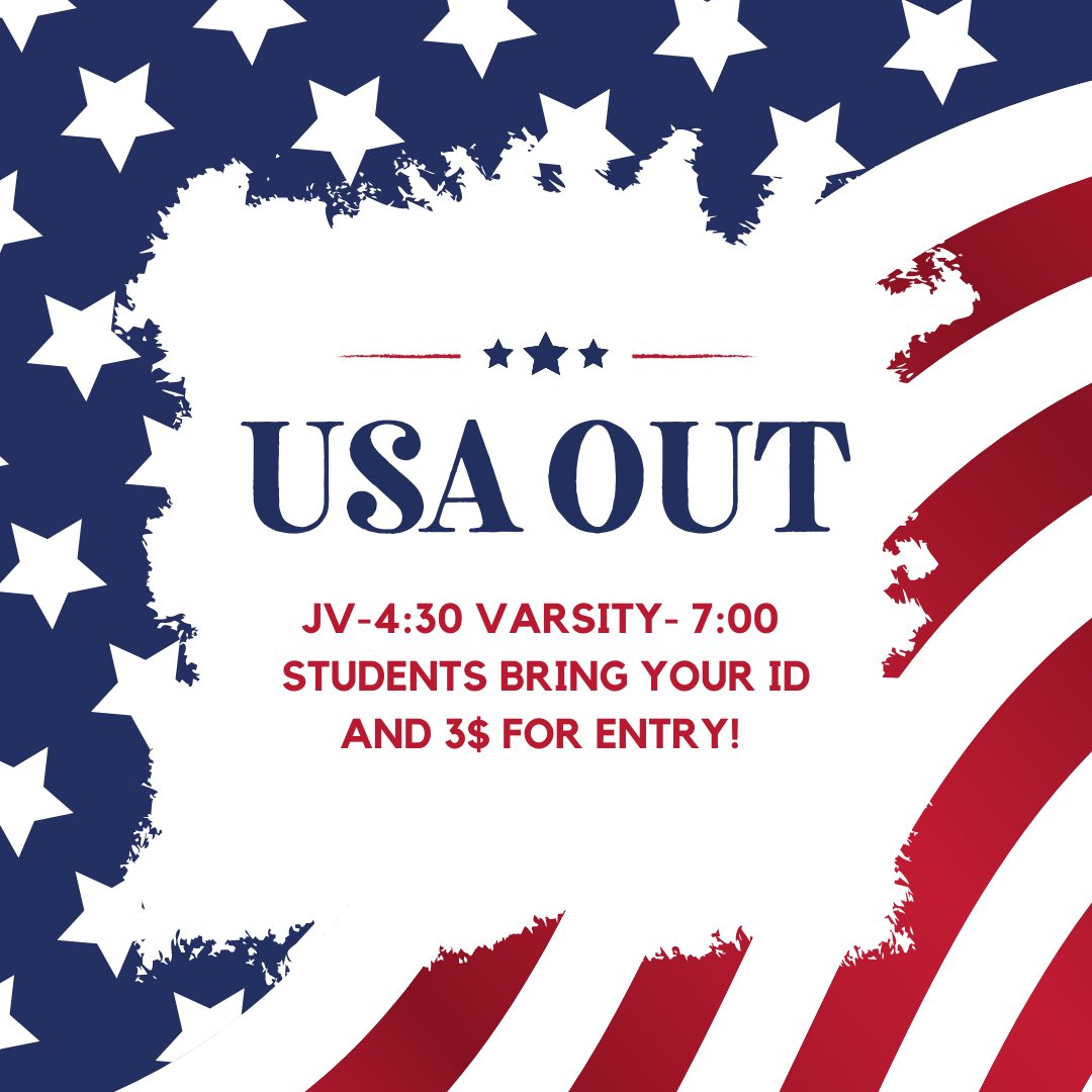 It’s gonna be a party in the USA this Friday @ Elgin!❤️💙🤍Come out support our amazing football teams at 4:30 and 7:00!⚡️ Best dressed will win a free T-shirt so make sure you go all out!🇺🇸Students bring your id’s and 3$ to get in!