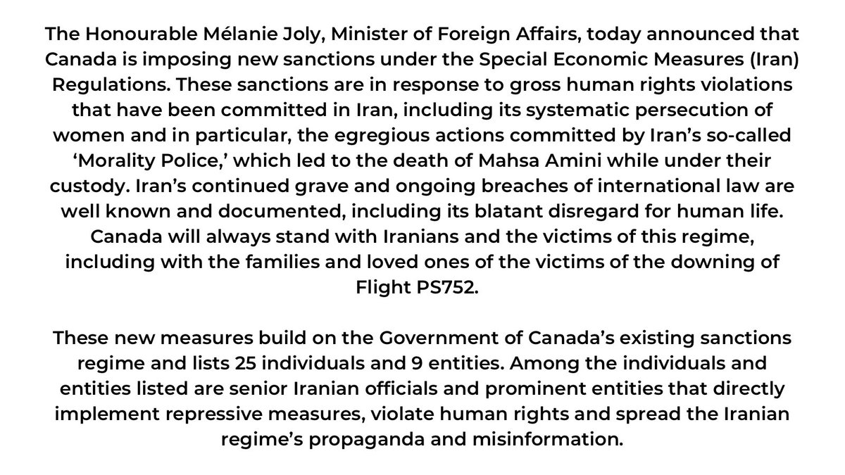 melaniejoly's tweet photo. Iran’s continued grave &amp; ongoing breaches of international law are well known and documented, including its blatant disregard for human life.

In response to its gross human rights violations, we have imposed new sanctions. https://t.co/LPFExmXXaw