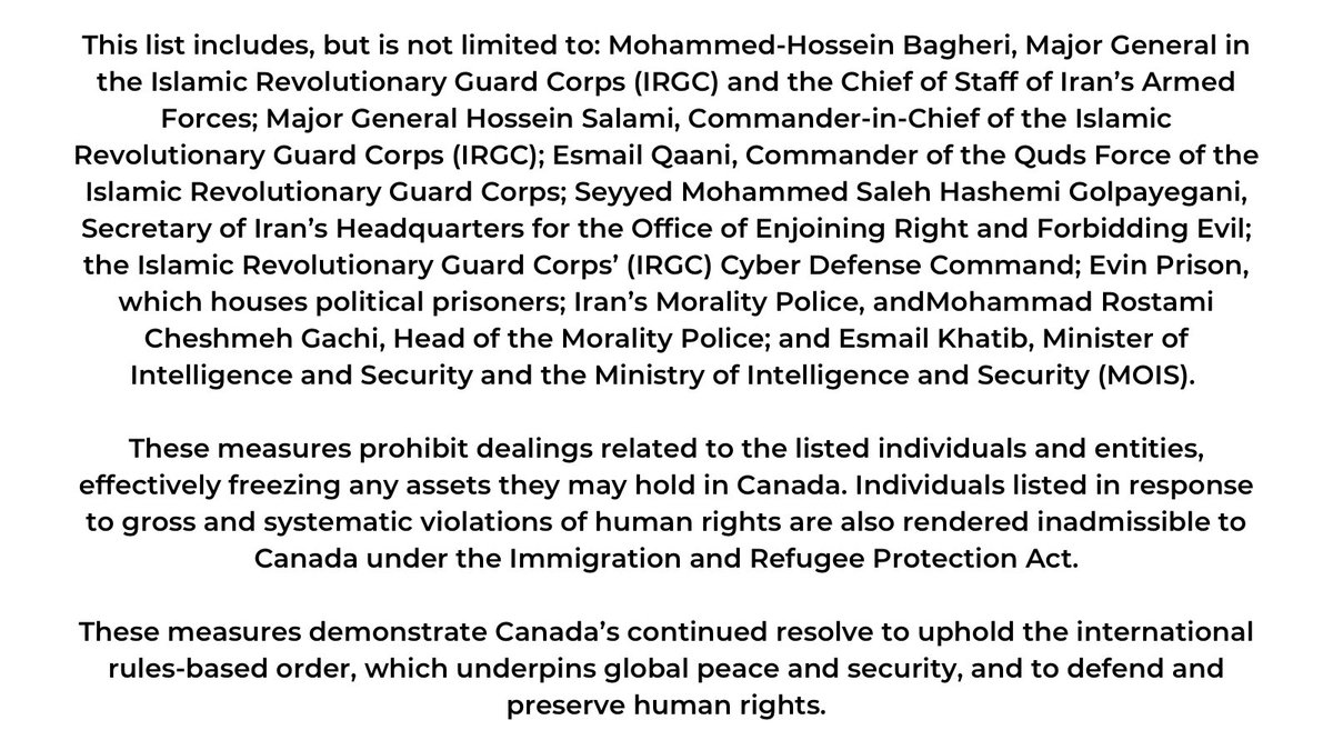 melaniejoly's tweet photo. Iran’s continued grave &amp; ongoing breaches of international law are well known and documented, including its blatant disregard for human life.

In response to its gross human rights violations, we have imposed new sanctions. https://t.co/LPFExmXXaw