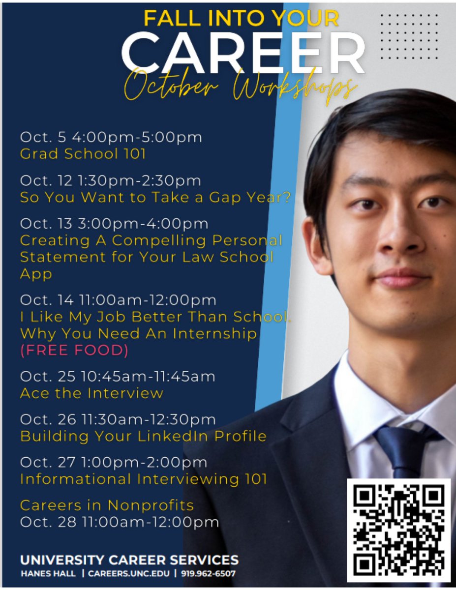 Save these dates on your calendar for the upcoming October Career Education workshops! Scan the QR code on the flyer to reserve your seat today!