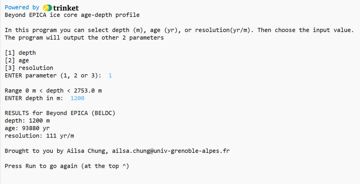 Check out this interactive program developed by Ailsa Chung @IGE that allow you to explore the modelled depth, age and age resolution of Beyond EPICA drill site deepice.cnrs.fr/scientific-res… 👉Ailsa will present her research work today at #IPICS2022 poster session! #icecorescience