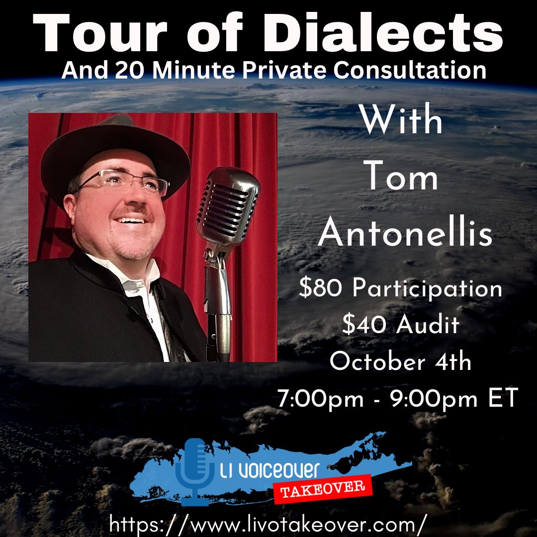 SickingerHolly's tweet photo. Big announcement! @tom_antonellis is including a 20 minute consultation in addition to the ticket for his Tour of Dialects class @VOTakeoverLI. Sign up before Tuesday. https://t.co/fYmsghAguO for info to sign up #vo #voiceover #voiceoverclasses https://t.co/jG7Ijy63RA