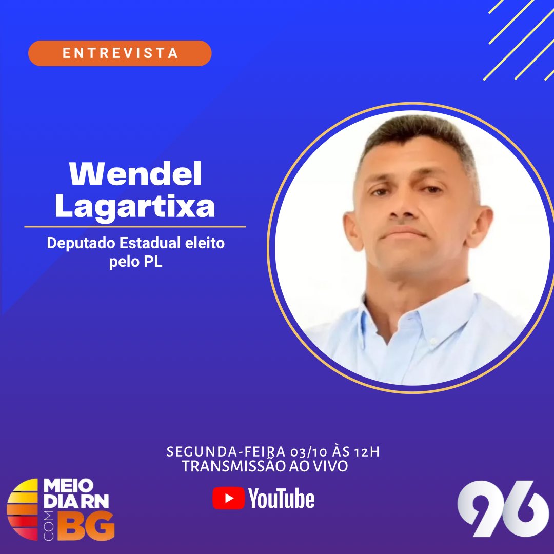 Entrevistado desta segunda-feira, é Wendel Lagartixa, deputado estadual eleito pelo PL. 

▶️ Participe do programa através do WhatsApp do Meio-Dia RN: +55 84 99212-2276. 

Acompanhe o Meio-Dia RN no canal da 96 FM no YouTube ▶️ youtube.com/96fmnatal