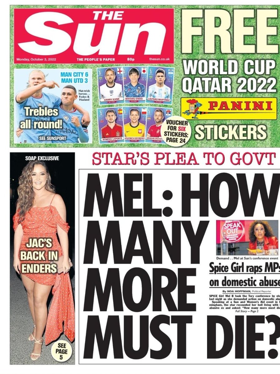 Front page - where domestic abuse needs to be. Survivors' voices need to be listened to throughout the #CostOfLivingCrises @womensaid Thank you @OfficialMelB for helping us keep the issue on the agenda, & @TheSun for this 👇, the #SpeakOut campaign and our fringe event at #CPC22