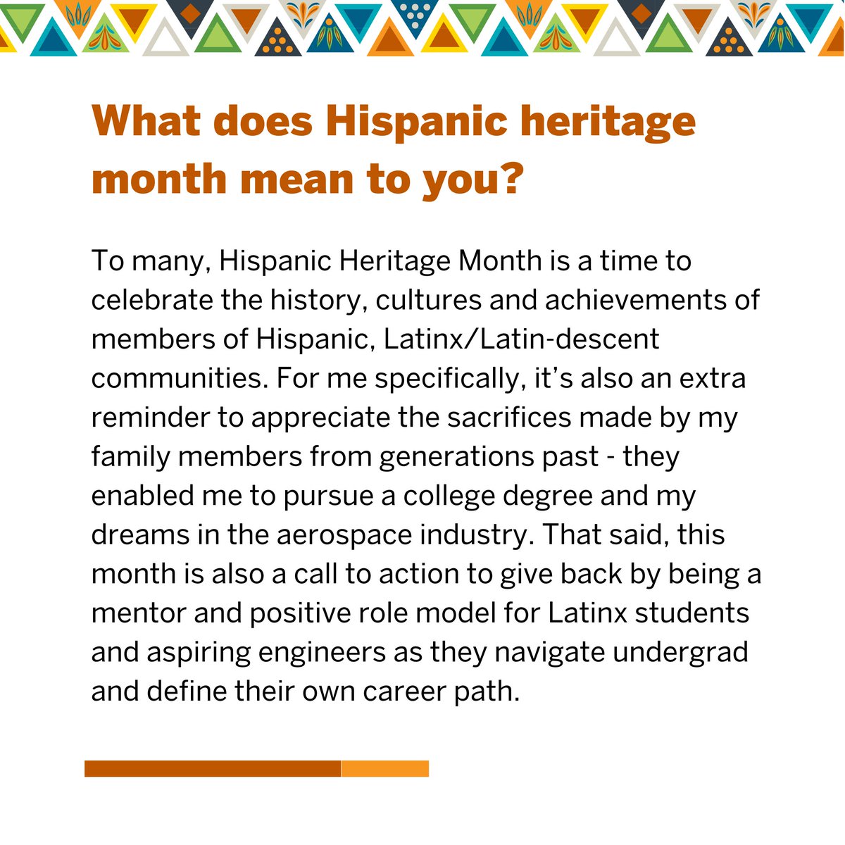 UTAerospace's tweet photo. #HispanicHeritageMonth (Sep. 15 - Oct. 15) is a time to recognize the history, contributions and culture of the U.S. Hispanic and Latinx community. Aerospace engineering major Lauren Rodriguez tells us what Hispanic Heritage month means to her. https://t.co/HBqBtYNsmz