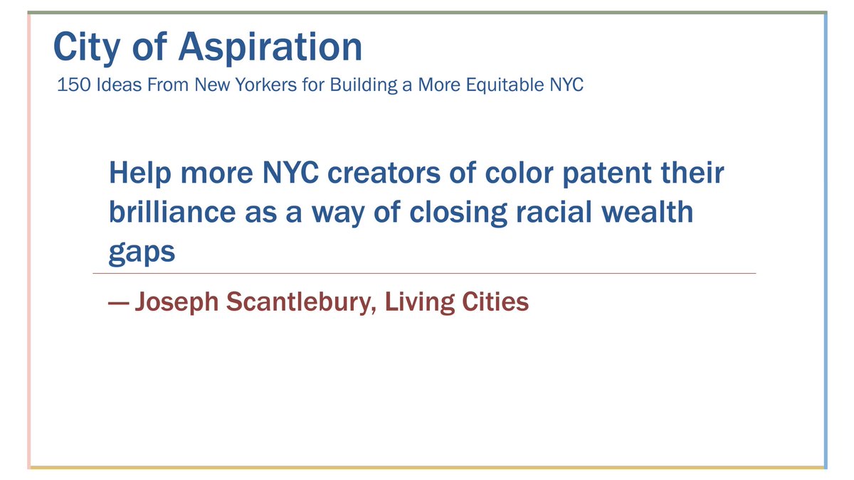Entrepreneurs of color &amp; women lag well behind when it comes to patenting their inventions. <a href="/Living_Cities/">Living Cities</a>’ Joe Scantlebury says NYC should work to close this patent gap, which leads to inequities in small biz ownership &amp; venture investment, and widens NYC’s racial wealth gap.