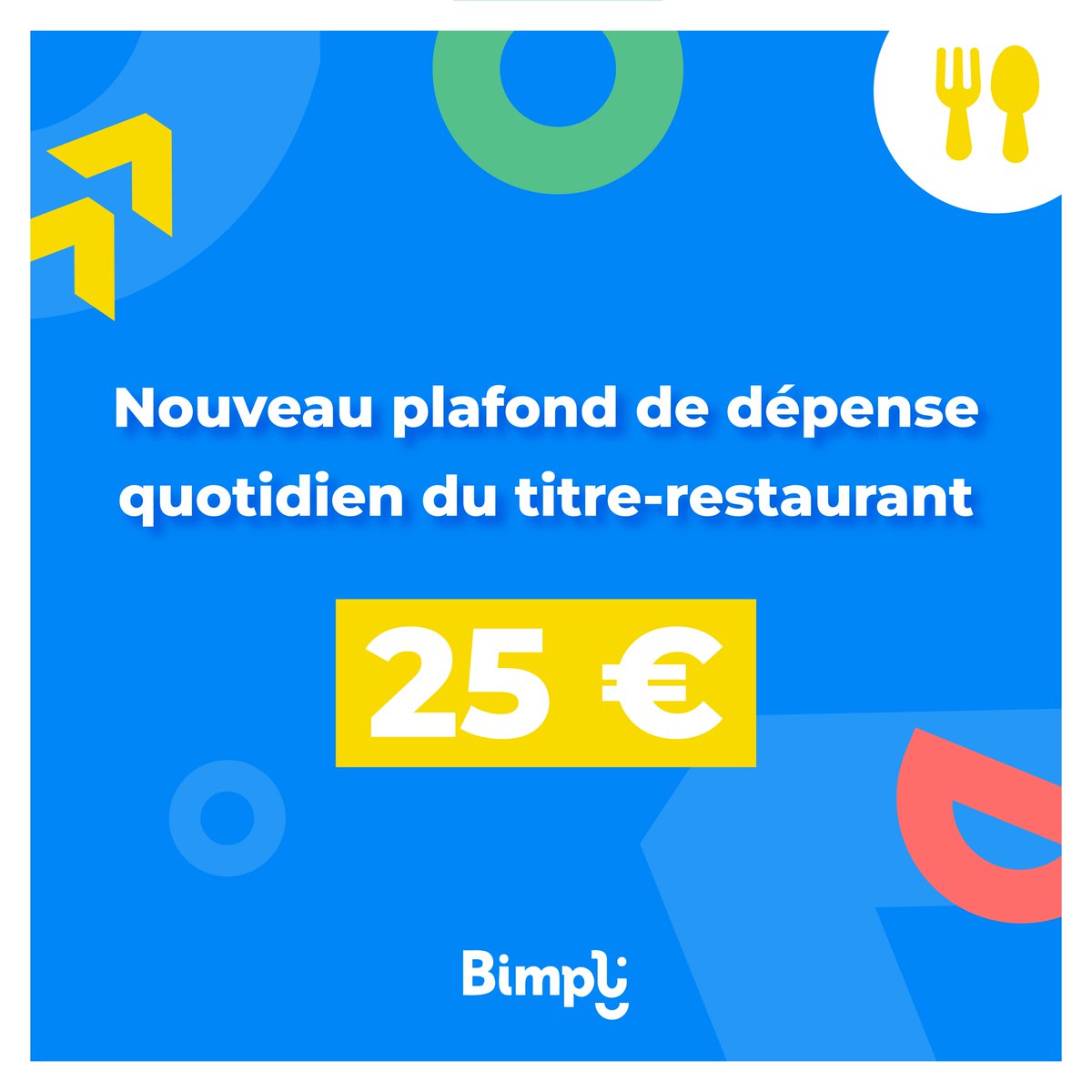 Le #plafond de dépense quotidien en titre-restaurant passe de 19 à 25 € 🎉
Il s’applique à tous vos achats effectués en carte ou chèque Bimpli Resto, dans les #restaurants et les #commerces alimentaires affiliés (supermarchés, primeurs, boulangeries, boucheries, traiteurs, etc.)