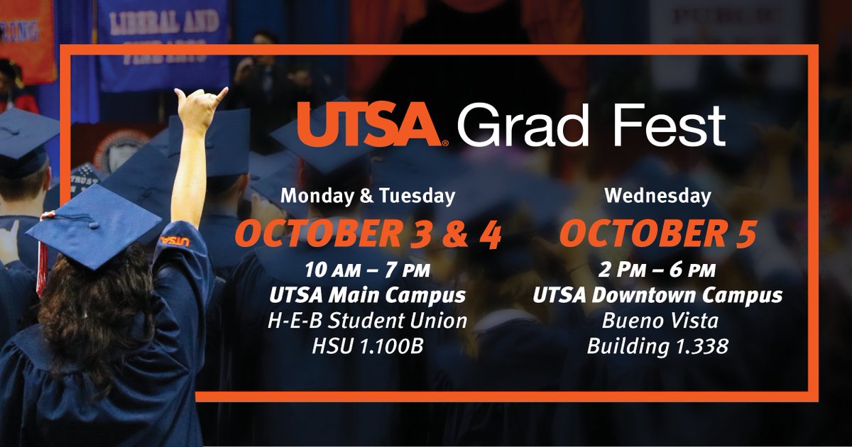 UTSAOneStop's tweet image. 📢 Fall graduates 📢 #UTSAGradFest is TODAY through Wednesday! Join us and get all your questions answered about graduation and commencement! #UTSAGrad22 utsa.me/3RmXEsV
