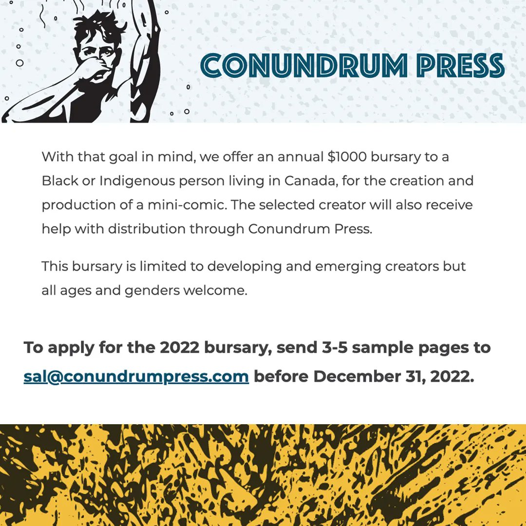 ConundrumCanada's tweet photo. Conundrum Press is now accepting submissions for our third annual MiniComic Bursary for Black and Indigenous Creators! https://t.co/DKCRlJB3NC