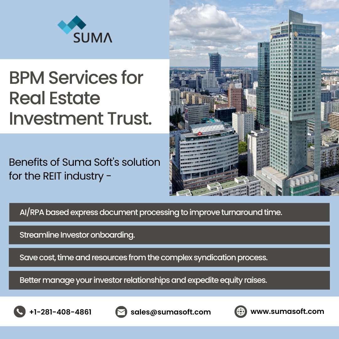 SumaSoftPvtLtd's tweet photo. Speed up your investor onboarding and expedite equity raises with Suma Soft's REIT BPM services.
Please do visit our BPM services for REITs at - https://t.co/gjSFkM4yjO
#REIT #bpmservices #investors #outsourcing #staffaugmentation #costeffective #highquality https://t.co/3P4RjymeId