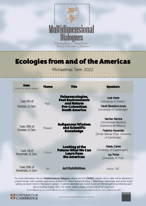multidialogues's tweet image. As part of @CRASSHlive, we are excited to present our first term of talks, focusing on the #ecologies, #environments, and #ecorelationships of the Americas, in the past, the present, and the future. We start TOMORROW @ 5-7pm, with a focus on #PreColumbian #SouthAmerica 1/4