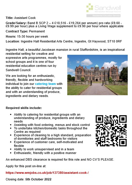 CentreFrank's tweet photo. Two days remaining to apply for a position at this beautiful residential centre!  #cateringjobs #STAFFORDSHIRE 
@IngestreArts https://t.co/t94Eg9lO4K