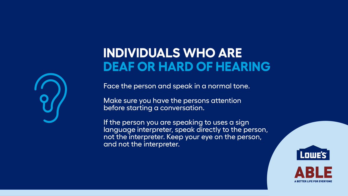 LowesCareers's tweet photo. As October marks National Disability Employment Awareness Month, our #LowesABLE Business Resource Group provided a starting guide to understanding disability etiquette.
#NDEAM showcases supportive, inclusive employment policies and practices. #LowesForAll @DisabilityIN #ASL https://t.co/e3fjbkJnjm