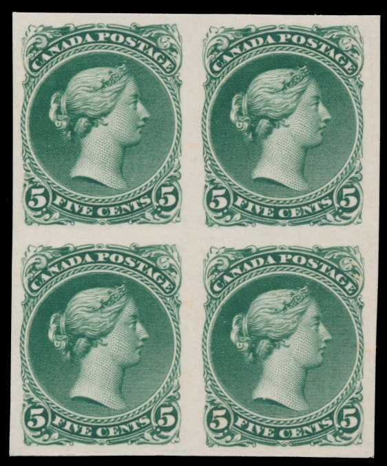 SparksAuctions's tweet photo. A very rare block, coming in Sale 44 on Oct 27: Lot 206, Canada five cent Large Queen trial colour plate proof block of four in deep green, VF #FiveCent #LargeQueen https://t.co/hzwlF3h5l6 https://t.co/EfP44GFWds
