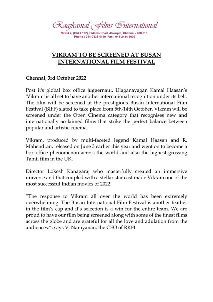 #Vikram Starring @ikamalhaasan , @twitfahadh and @VijaySethuOffl have been selected for #BusanInternationalFilmFestival , will be screened on 7th & 8th October.