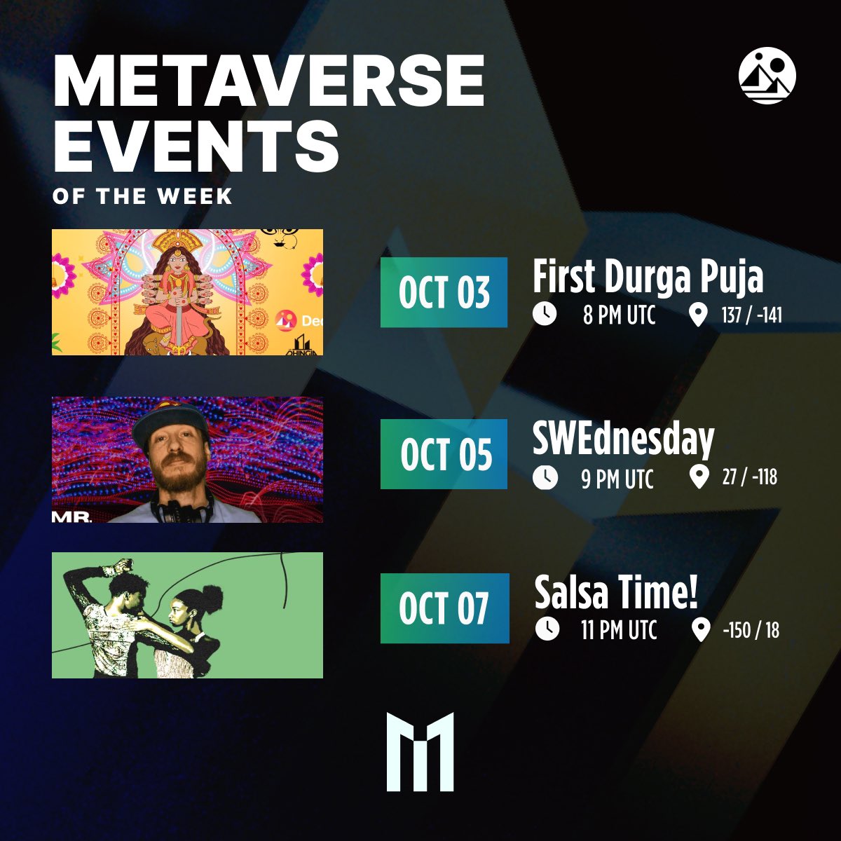 ⭐️<a href="/MoonBashEvents/">Moon Bash</a> presents - #MetaverseEvents of the week 

💫<a href="/decentraland/">Decentraland</a> 's First #DurgaPuja by <a href="/MrDhingia/">Mr Dhingia</a> 

💫#SWEdnesdays with <a href="/MrSweMusic1/">mrswe.eth (🌸, 🌿)</a> at #TRU Band Room

💫Salsa Time! <a href="/BissapBaobab/">BissapBaobab</a> SF Grand Opening presented by <a href="/1800web3/">1-800-WEB3 is hosting events</a> &amp; <a href="/TheTemple_RIP/">TheTemple.RIP</a> 

#MoonBash #Metaverse