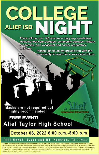AliefCounseling's tweet photo. Make an investment in YOU. Attend Alief ISD College Night, Thursday, October 6th @ 6pm @ Taylor High School. #elevate #postsecondaryoptions https://t.co/yvjoMrtH9k
