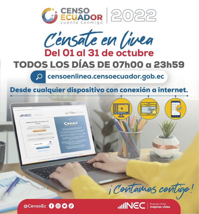 gadmpvm's tweet photo. *¡Empezó el #CensoEnLínea!* Cénsate en  👉 https://t.co/CrqvaUavp2 🗓 Del 1 al 31 de octubre ⏰ de 7h00 a 23h50 Todos los días. #CensoEcuador #CuentaContigo  ☎️ Recuerda, si tienes dudas llama al 1800 080808 https://t.co/RtvWCSZluZ