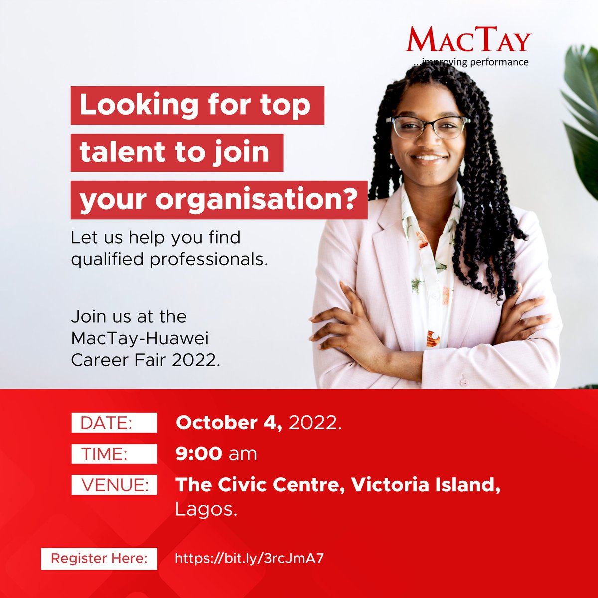 Are you looking for top talent for your company? 

Join us at the MacTay-Huawei Career Fair 2022.

For more information, please call: +2349139385550 or email: info@mactay.com

#MacTay #Careerfair #Jobfair #Lagosjobfair #hiring #nowhiring #recruitment #job #currentvacancies