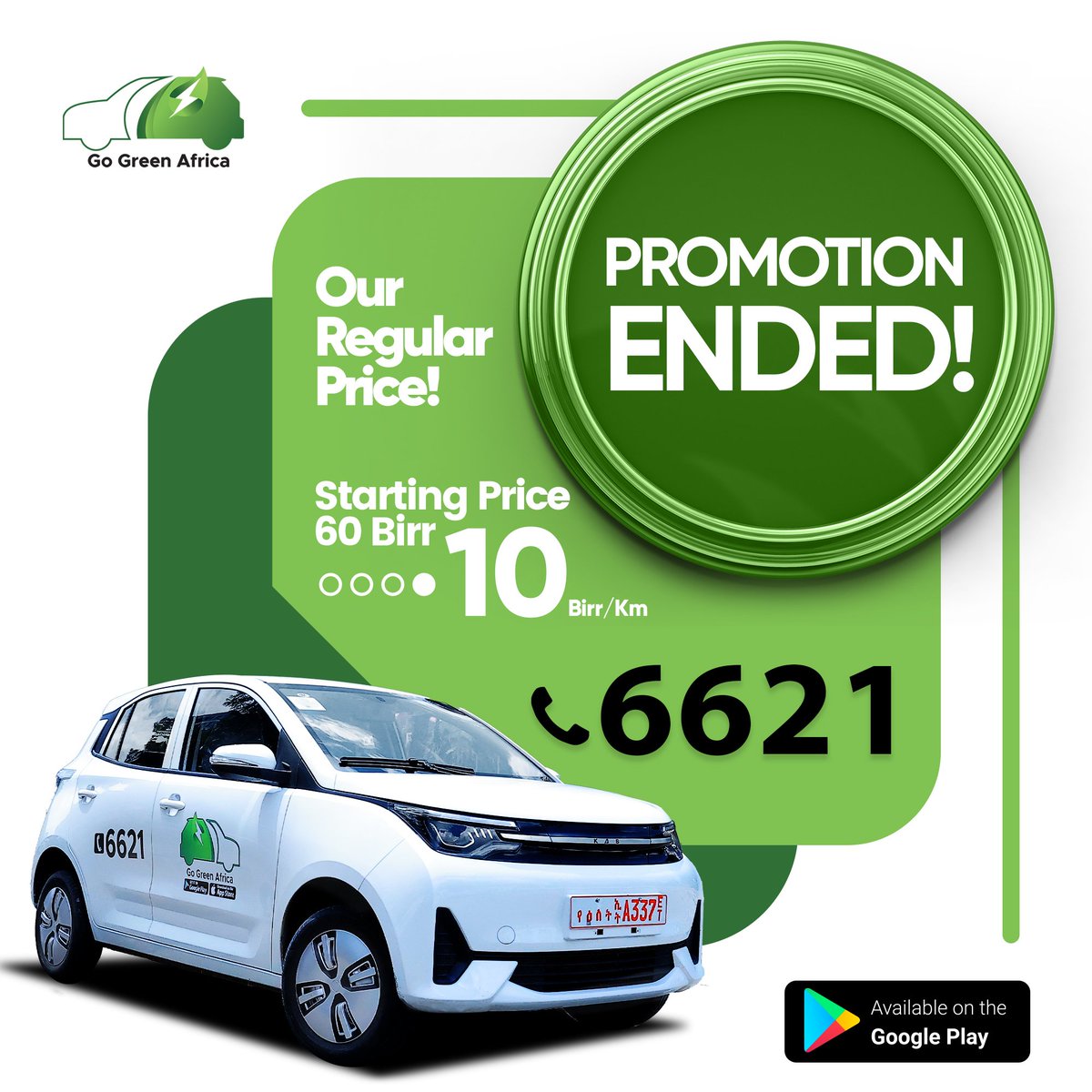 GoGreenAfri's tweet photo. We are happy to inform our dear customers that the standard electric taxi price of Go Green Africa is 60 Birr starting price and 10 Birr per km. Make us your choice. https://t.co/hHaRxYudam