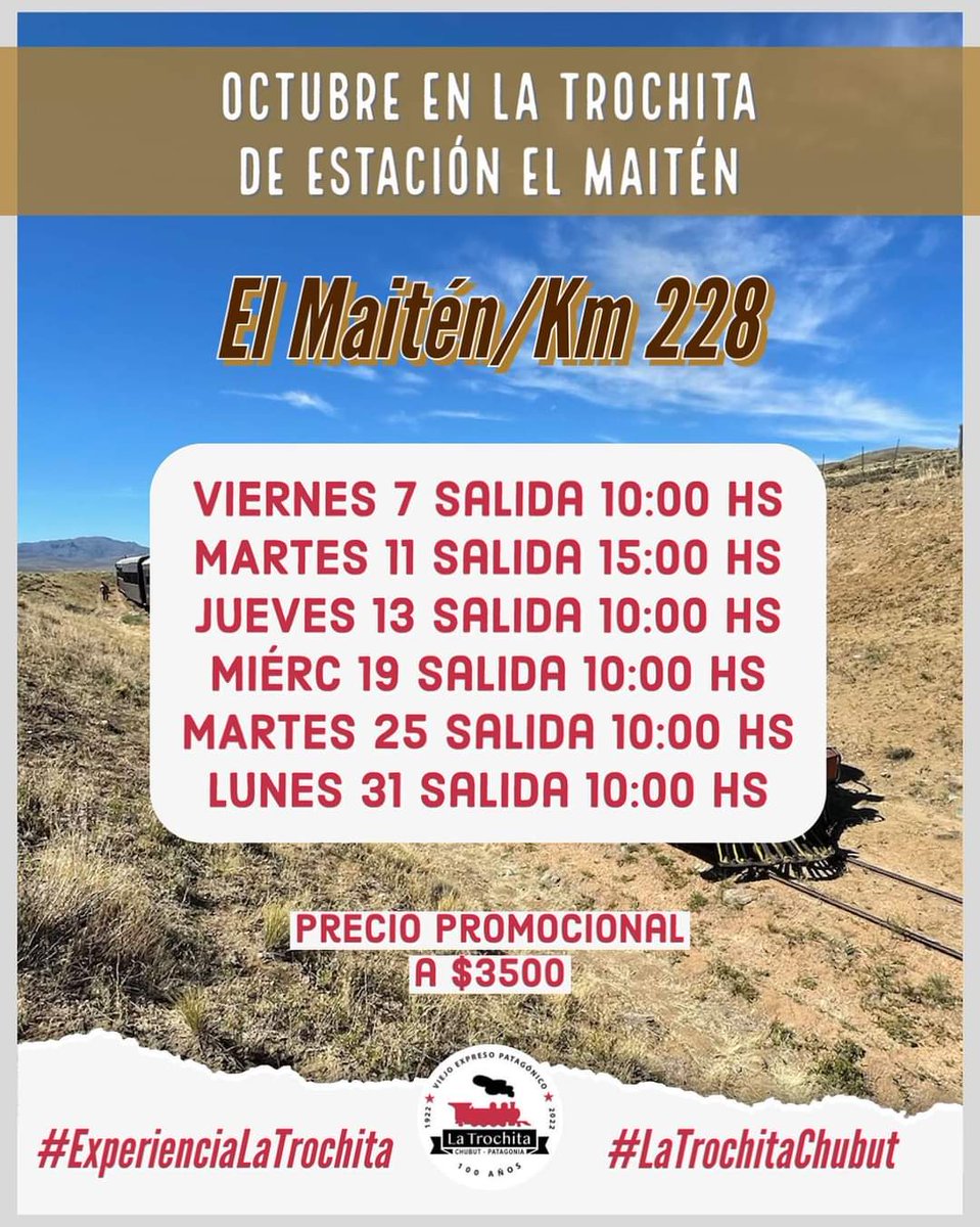 Se vienen los 100 años con todo! 
Podes hacer tu reserva de pasajes al tel: 02945 - 495626
O al email: ferroelmaiten@gmail.com