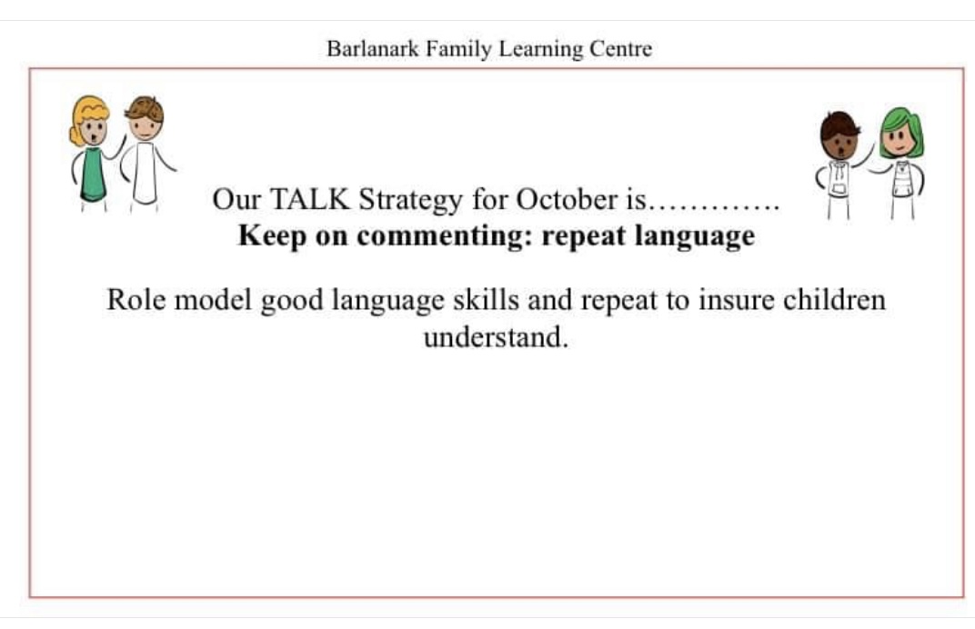 BarlanarkFlc's tweet photo. Parents and carers here is our TALK strategy for October …..
#communicatianandlanguage
#buildingblocksoflanguage
@LcfeG @NHSGGC_SouthSLT @GlasgowEPS @GlasgowNurture @GlasgowEALEY @GCParentsGroup https://t.co/G4nwTD9g8Q