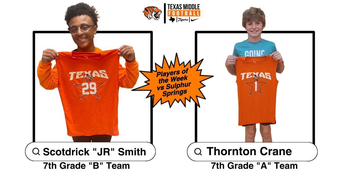 TMS 7th Grade Players of the Week vs. Sulphur Springs CONGRATULATIONS!!