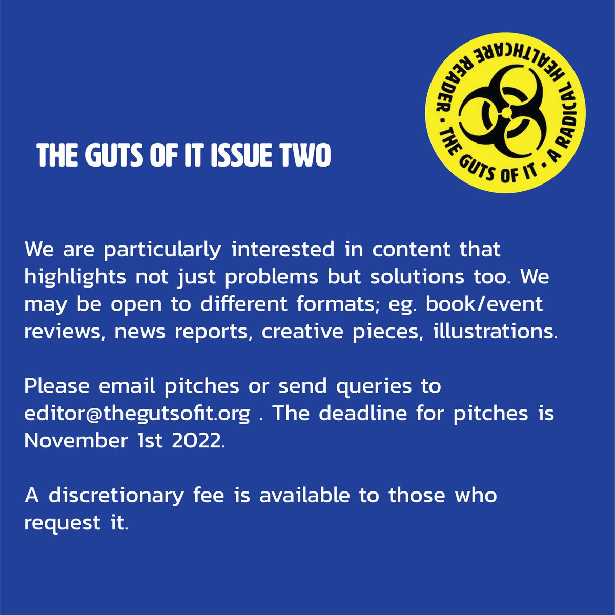 TheGutsOfIt's tweet photo. Currently seeking pitches for the second issue of The Guts of It ! Deadline for pitches is November 1st https://t.co/nmgYHdSYWh