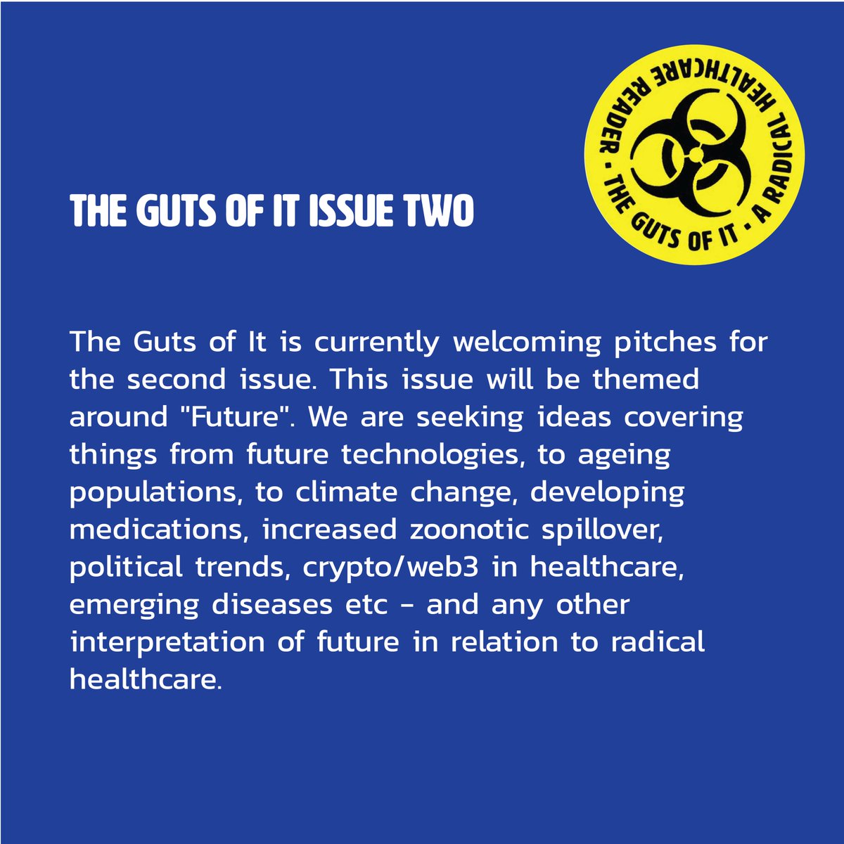 TheGutsOfIt's tweet photo. Currently seeking pitches for the second issue of The Guts of It ! Deadline for pitches is November 1st https://t.co/nmgYHdSYWh