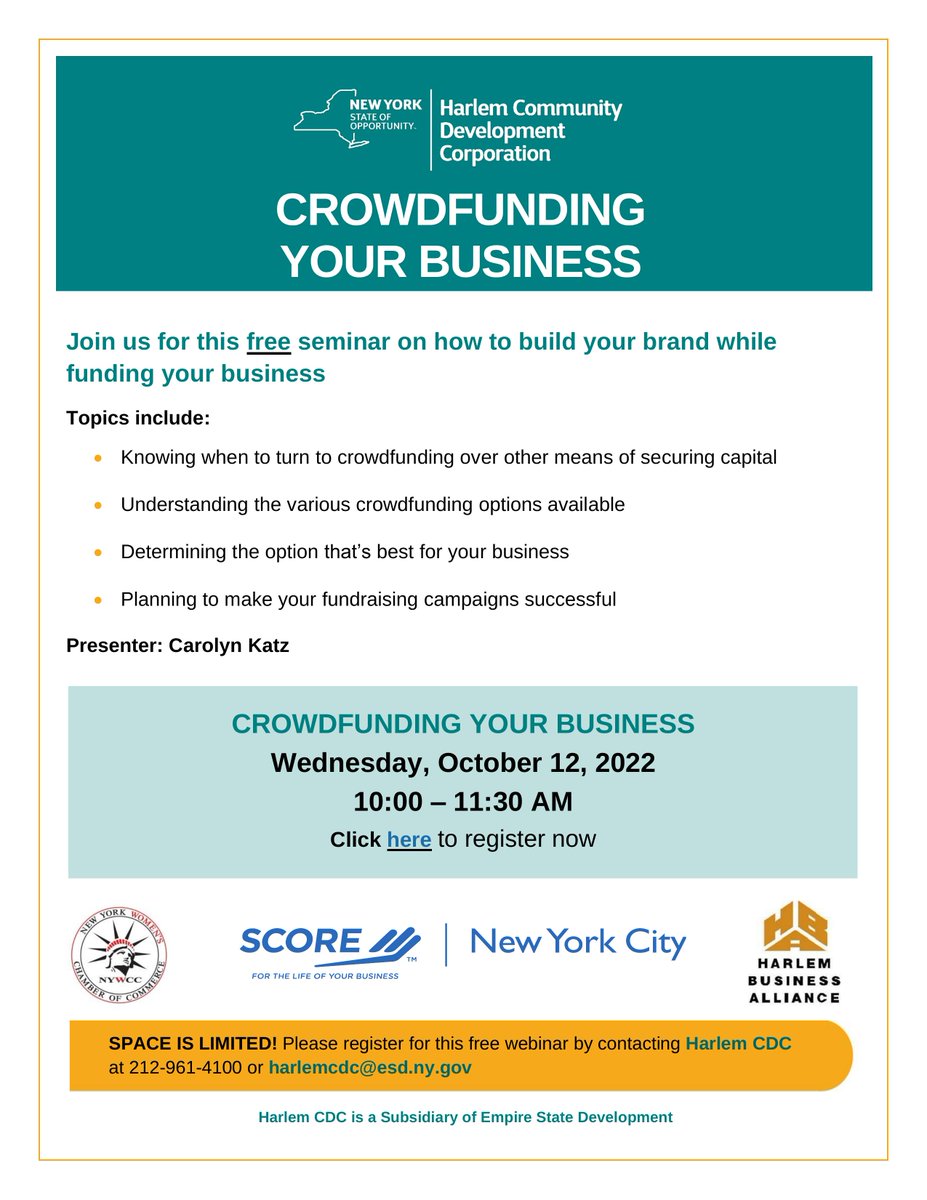 Join us for this free seminar on how to build your brand while funding your business

Presenter: Carolyn Katz
Tuesday 10/18/2022

REGISTER: meetny.webex.com/meetny/onstage…

#crowdfunding #business