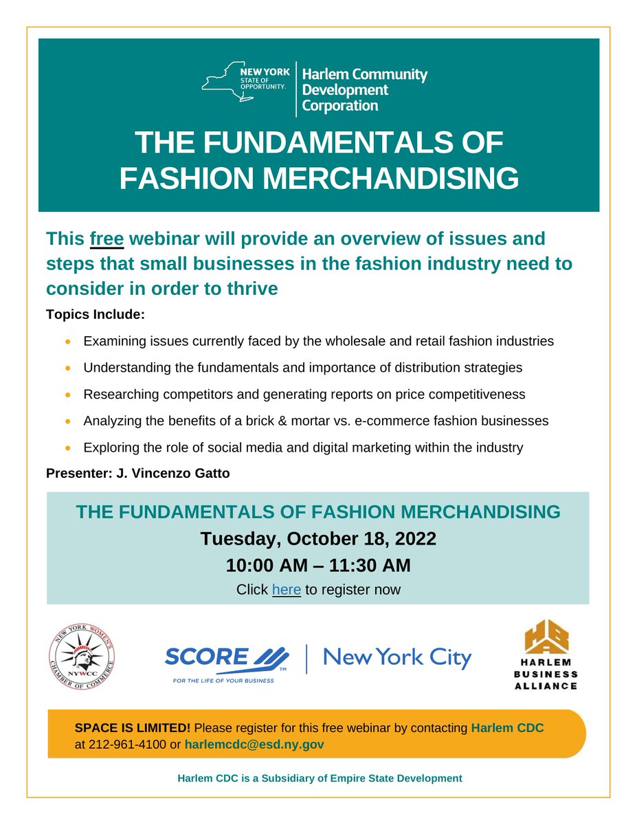 This free webinar will provide an overview of issues and steps that small businesses in the fashion industry need to consider in order to thrive.

Presenter: J. Vincenzo Gatto

REGISTER: meetny.webex.com/meetny/onstage…