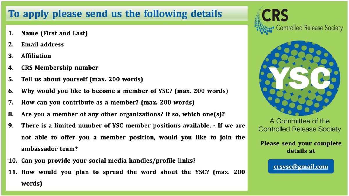Announcement!! We are inviting applications to join the YSC! There are several openings available on the committee as members or ambassadors. To become a part of YSC, please submit your complete application to crsysc@gmail.com by October 7th, 2022 at 11:59 PM GMT. @CRSScience