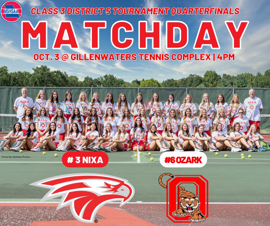 Nixa Athletics (@nixaathletics) on Twitter photo Good luck to <a href="/nixa_GTennis/">Nixa Girls Tennis</a> as they kickoff the Class 3 District 5 team tournament!
Nixa faces Ozark in the quarterfinals at 4 p.m. Good luck to <a href="/nixa_GTennis/">Nixa Girls Tennis</a> as they kickoff the Class 3 District 5 team tournament!
Nixa faces Ozark in the quarterfinals at 4 p.m.