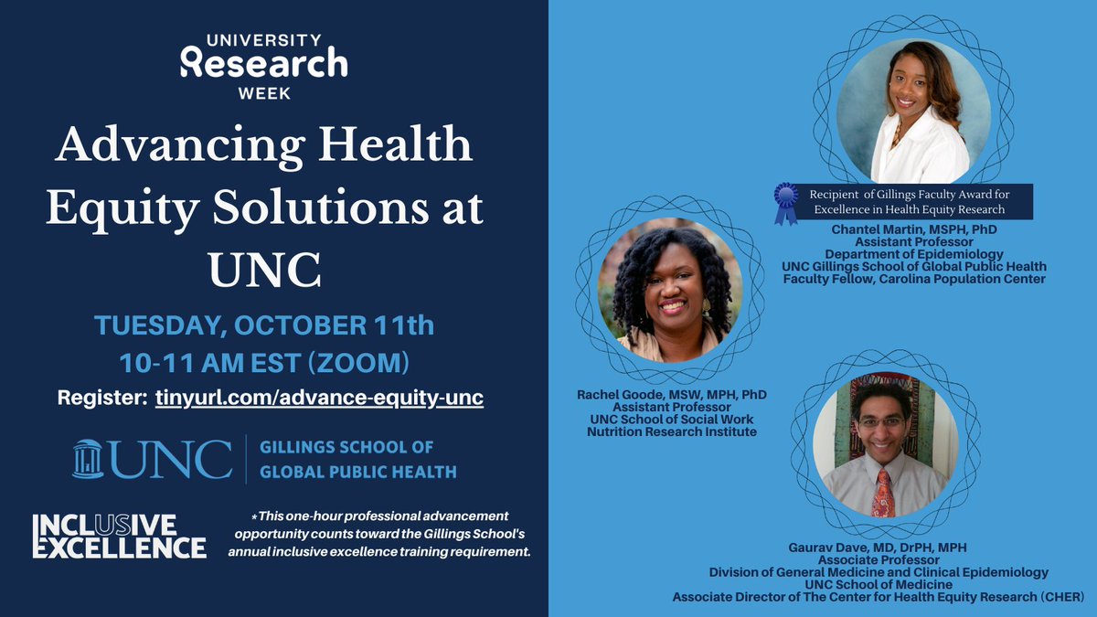 I am really looking forward to sharing about our work to increase equity in treatments for binge eating and obesity in Black women, as well as learning about the great work of @iamchantelphd and Dr. Gaurav Dave! @UNC_SSW https://t.co/4h6rUxOgja